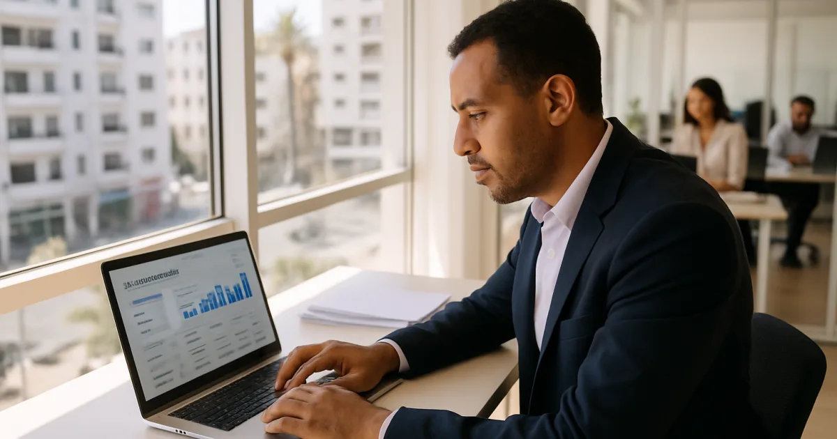 Un entrepreneur marocain consulte une application de gestion fiscale TSN dans un bureau moderne à Casablanca