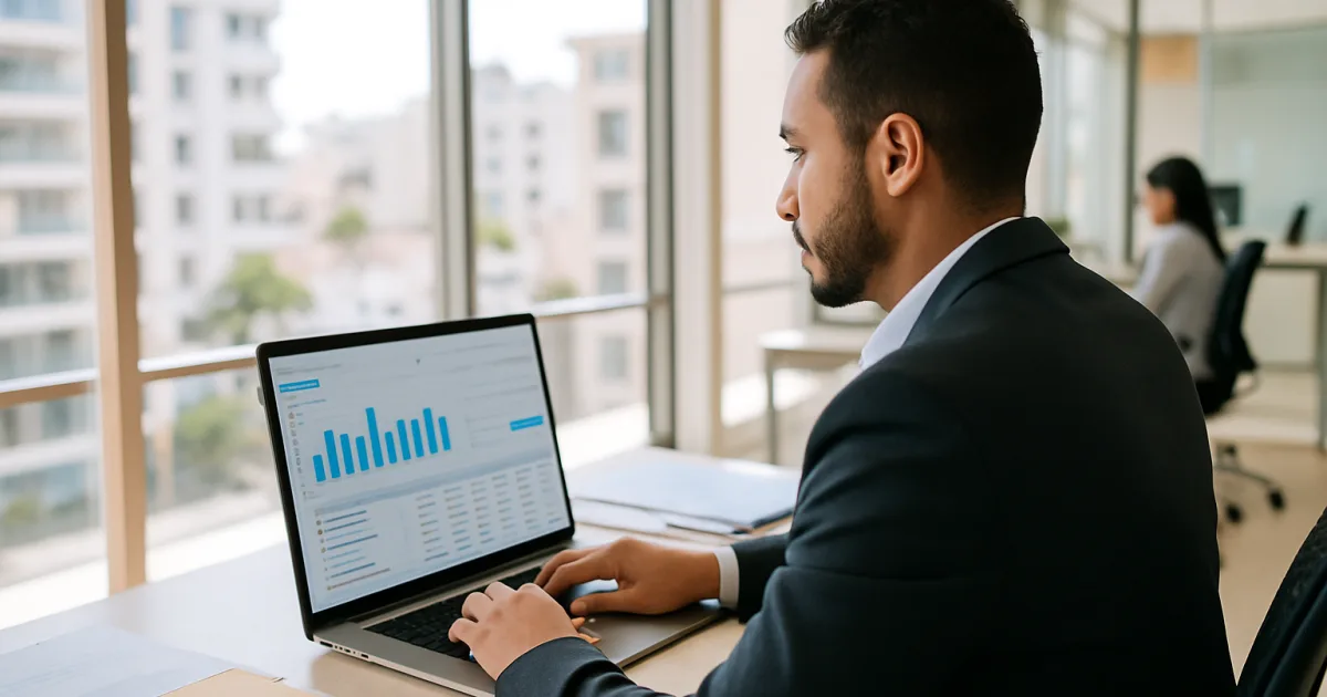 Professionnel en bureau moderne à Casablanca consultant un tableau de gestion de crédits de TVA sur un écran lumineux