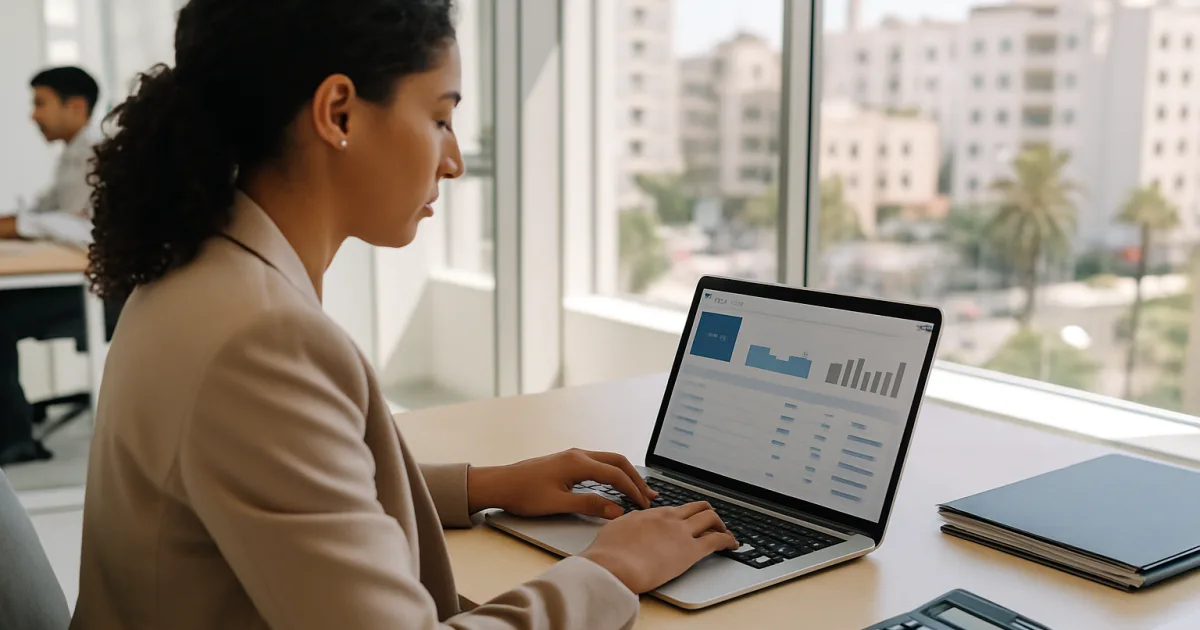 Une entrepreneure prépare son budget prévisionnel sur un ordinateur dans un bureau moderne à Casablanca