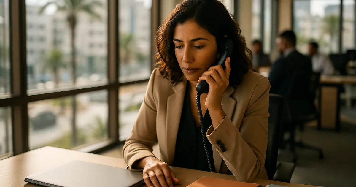 Une femme professionnelle au bureau passe un appel pour relancer un client impayé