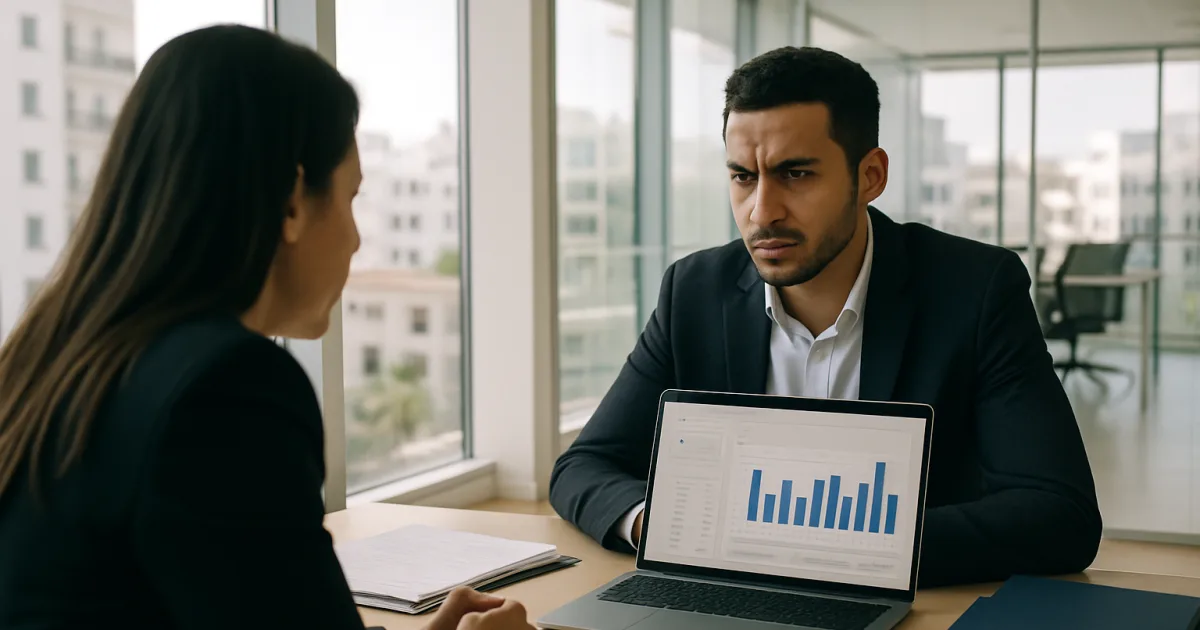 Auto-entrepreneur marocain travaillant sur son ordinateur dans un bureau moderne avec une application de gestion financière à l'écran
