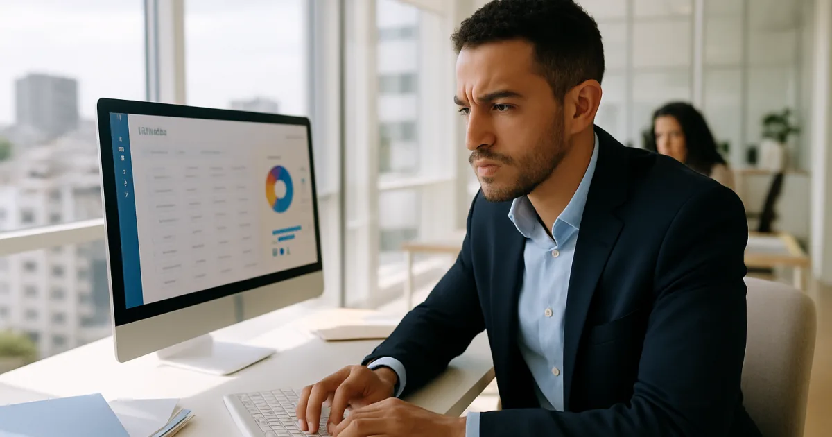 Entrepreneur marocain en bureau moderne utilisant un logiciel de facturation électronique pour la TVA immobilière.