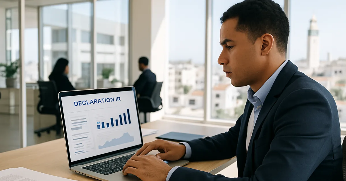 Auto-entrepreneur marocain remplissant sa déclaration trimestrielle d'impôt en ligne dans un bureau moderne à Casablanca.