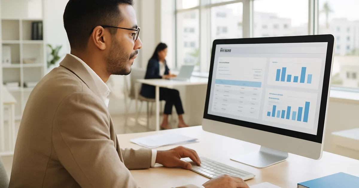 Entrepreneur marocain consultant un logiciel de facturation électronique dans un bureau moderne à Casablanca