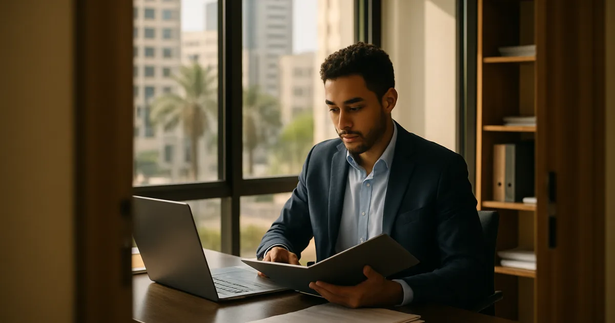 Un entrepreneur marocain dans un bureau moderne prépare sa déclaration trimestrielle de TVA.