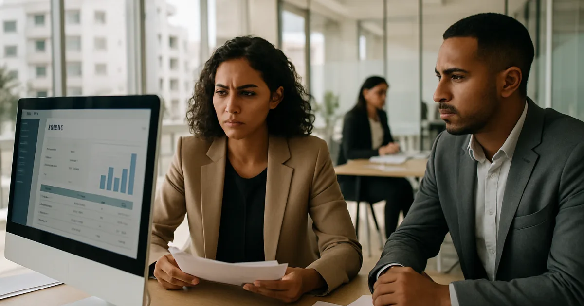 Une entrepreneure marocaine consulte la gestion de factures en retard sur un écran dans un bureau moderne à Casablanca