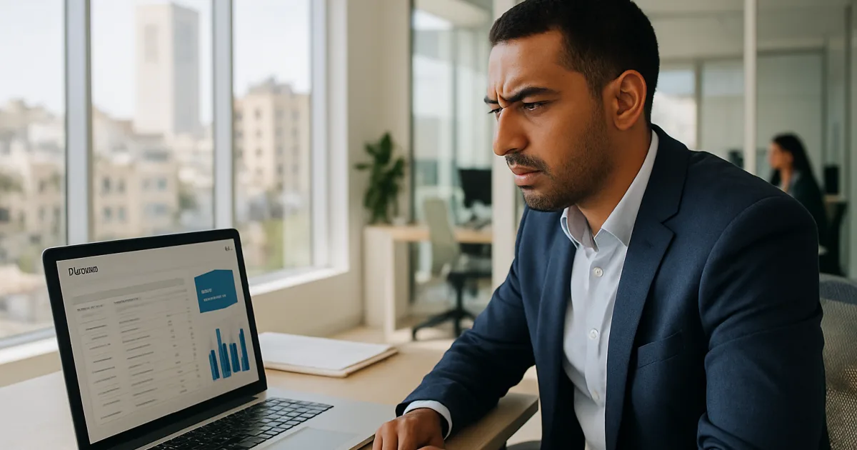 Un professionnel marocain prépare la déclaration fiscale annuelle sur un ordinateur dans un bureau moderne à Casablanca
